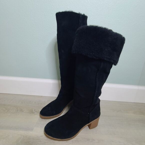 UGG Australia Kasen Boots Tall Black Suede Heeled Sheepskin Lined Womens SZ 9.5 - Picture 3 of 10